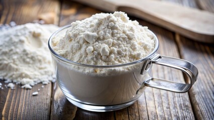 Close-up of a measuring cup filled with flour.