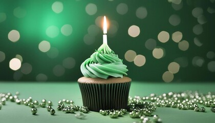congratulatory green cupcake with a candle on a green background. holiday concept and template for postcard