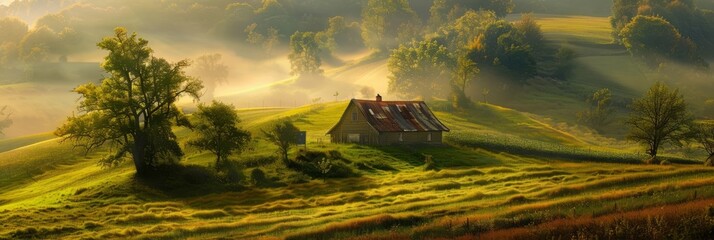A serene countryside with rolling hills and a quaint farmhouse