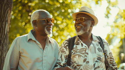 Two black friends are walking in the park. An elderly gay couple on a walk