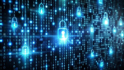 Fototapeta premium Intricate glowing binary code matrix on black background represents cybersecurity awareness, online safety, and best practices for digital protection.