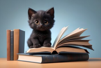 kitten with textbooks, isolated on blue background