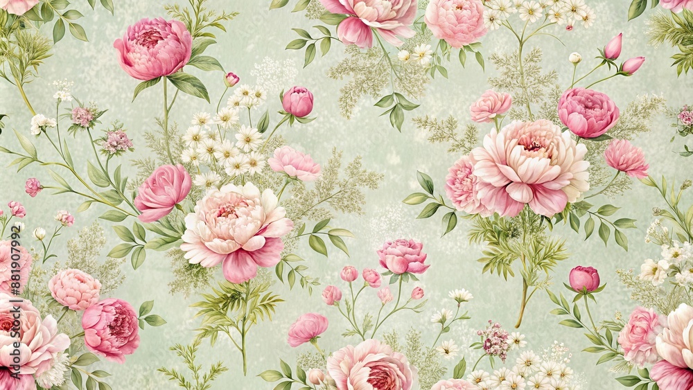 Wall mural Vintage 1960s wallpaper with gypsophila and pink peonies, antique, 60s, retro, floral, pattern, design, gypsophila, pink