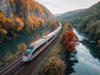 Environmentally friendly bullet train traveling through scenic countryside, emphasizing sustainable travel