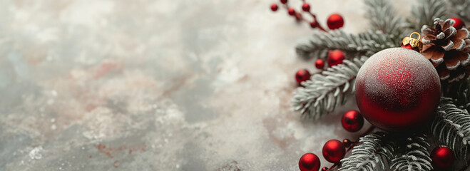 Red Christmas ornament and frosted pine branches with red berries and pine  on beige background. Christmas and New Year festive concept. Template for greeting card, invitation, banner with copy space.