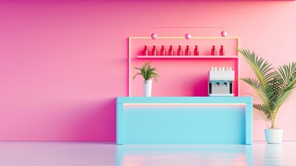 Fototapeta premium Petite help stand in a vibrant marketplace, neon lights, 3D , high detail, modern setup