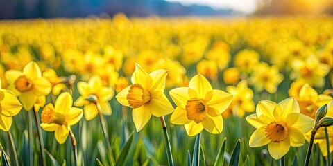 Obraz premium Wild yellow daffodils blooming in a field, nature, flowers, spring, petals, vibrant, beauty, sunny, garden, meadow, bulbs