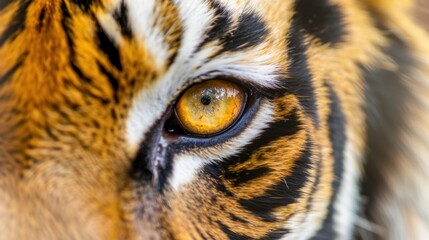 Close-up of a majestic tiger's eye showcasing its vibrant orange and black striped fur, reflecting the wild beauty of nature and wildlife.