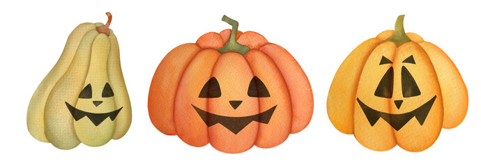 watercolor halloween pumpkins set. cute festive illustrations collection isolated on transparent background. clip art and cut out design elements