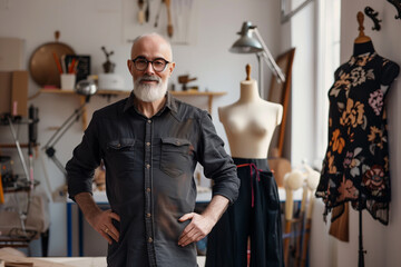 senior fashion designer standing confidently in a well-lit studio, with mannequins and fashion tools emphasizing their expertise. Great for promotional materials, design workshops,