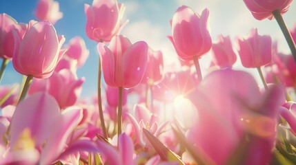 Obraz premium Field of pink tulips under a clear blue sky