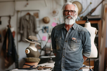 senior fashion designer standing confidently in a well-lit studio, with mannequins and fashion tools emphasizing their expertise. Great for promotional materials, design workshops,
