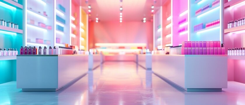 Compact sales store with vibrant displays, neon lighting, digital rendering, high detail, dynamic scene