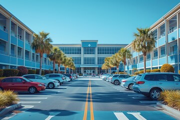 Spacious parking lot in front of a modern hospital, emphasizing convenient access to health care
