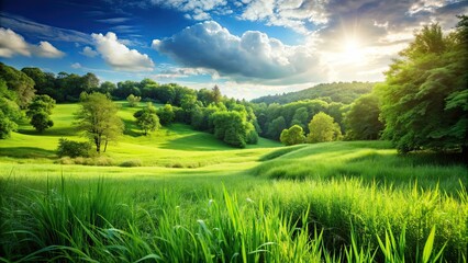 Naklejka premium Lush green landscape with wild grass , nature, outdoor, meadow, field, greenery, peaceful, serene, countryside, scenic