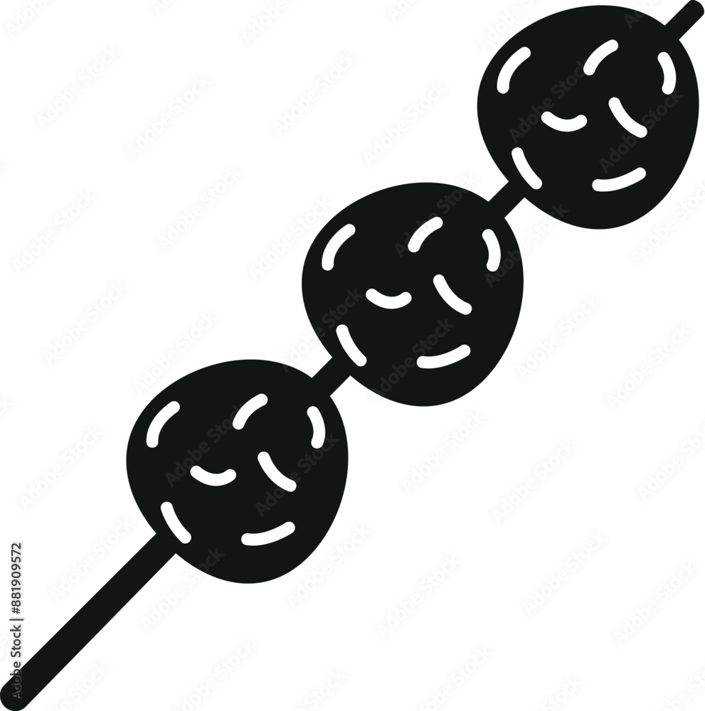 Sticker Simple icon in black of three round meatballs on a skewer, representing street food from around the world