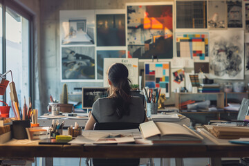 design process of a talented graphic designer crafting artwork, featuring a well-organized studio space filled with creative materials. Great for educational content, design worksh