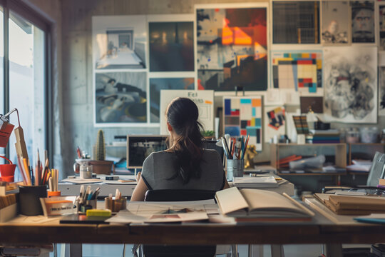 design process of a talented graphic designer crafting artwork, featuring a well-organized studio space filled with creative materials. Great for educational content, design worksh