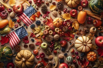 Fototapeta premium A vibrant aerial depiction of an autumn landscape featuring the words 'Thanksgiving Day' surrounded by American flags and iconic symbols of the holiday. Perfect for festive designs and celebrations.