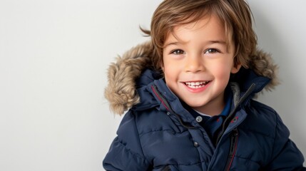 Boy smiles in blue winter coat with fur-lined hood