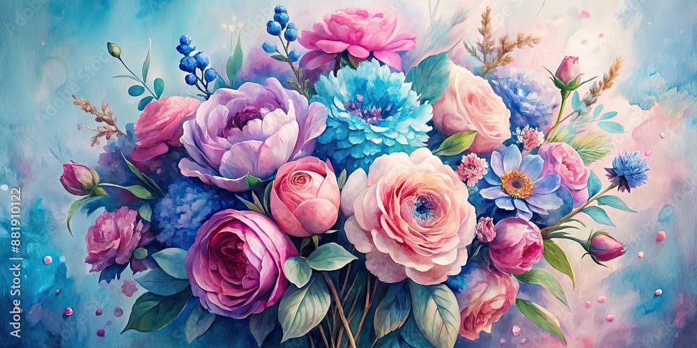 Wall mural Painting of a bouquet of pink and blue flowers , painting, bouquet, flowers, pink, blue, colorful, vibrant, art, floral