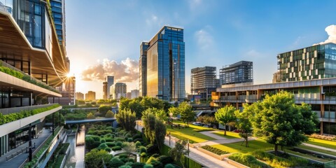 Fototapeta premium Vibrant Cityscape Showcasing Modern Urban Development and Sustainable City Transformation, Highlighting Green Spaces and Eco-Friendly Infrastructure.