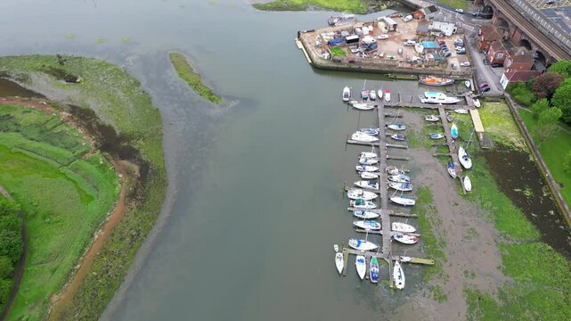 Aerial Footage of Central Fareham town at the north west tip of Portsmouth Harbour, between the cities of Portsmouth and Southampton in south east Hampshire, England. Great Britain. 