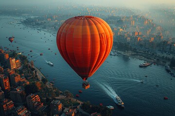 Obraz premium Colorful hot air balloon floating above a majestic city, offering a breathtaking aerial view