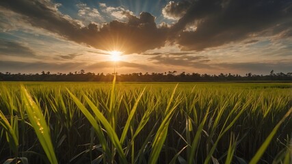 Ripe rice field and ready to harvest with sky background at sunset time with sun rays. AI Generative.