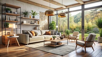 Obraz premium Interior of a cozy modern house with stylish furniture and decor , home, indoors, living room, cozy, modern