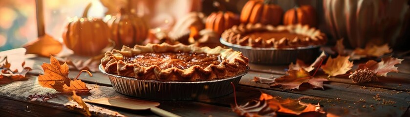 Rustic autumn scene with homemade pumpkin pies on a wooden table surrounded by fallen leaves and small pumpkins, evoking cozy fall vibes.