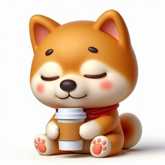 Cute Shiba Inu Dog Sleepy Holding Coffee Cartoon 3d Generative aI