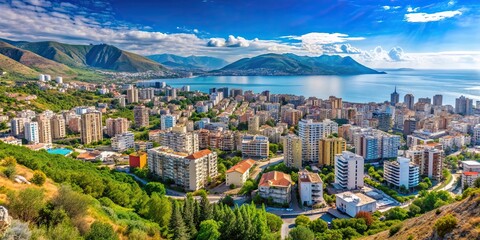 Panoramic view of Vlora cityscape from hill Kuzum Baba, Albania, Vlora, city, hill, Kuzum Baba, skyline, buildings