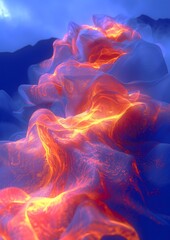 Obraz premium A blue and orange flame is shown in the image. The flame is surrounded by a blue and white background. The image has a dreamy and surreal feel to it