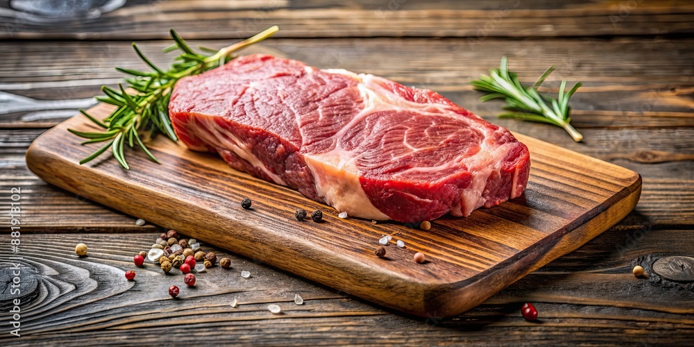 Poster Raw beef steak on wooden board , raw, beef, steak, meat, food, gourmet, cooking, ingredient, protein, fresh, red, juicy