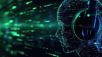 3D illustration of a man's head with binary code and headphones