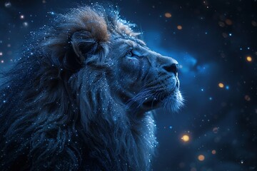 Intergalactic Leo zodiac sign: a cosmic lion with glowing, celestial features against a starry backdrop