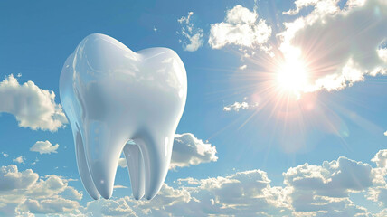 a white tooth against a blue sky background