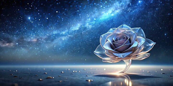 Stunning render of crystal rose floating against deep starry night sky, crystal, rose,render,floating, graceful, night sky