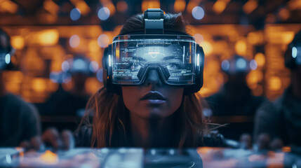 Business meeting with holographic projections of remote participants, collaborating and sharing data in real-time through augmented reality glasses, high-tech corporate setting.