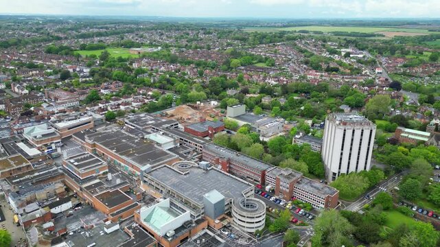 Aerial Footage of Central Fareham town at the north west tip of Portsmouth Harbour, between the cities of Portsmouth and Southampton in south east Hampshire, England. Great Britain. 