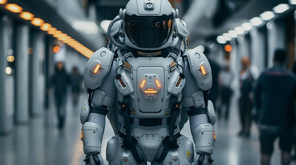 A person wearing an AI-powered exoskeleton suit, effortlessly lifting heavy objects in a modern warehouse, high-tech industrial setting.