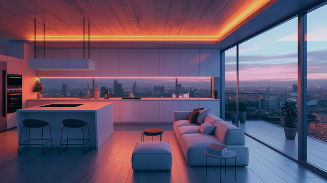 AI-controlled smart home with interconnected devices, smart refrigerators, thermostats, and lighting adjusting automatically, modern high-tech setting.