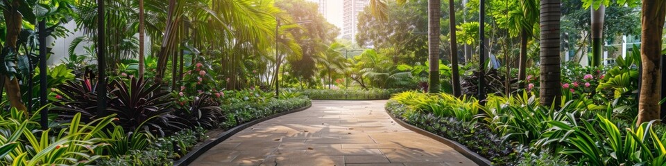 Fototapeta premium Lush Green Sidewalk Surrounded by Vibrant Flora: The Ideal Choice for Sustainable Urban Planning and Eco-friendly Cityscapes