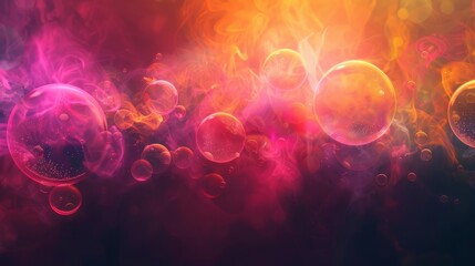 Obraz premium Floating iridescent orbs in neon pink and yellow against a dark background