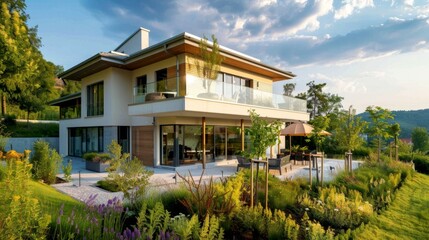 Modern two-story house with a lush garden and scenic backdrop, ideal for real estate and architectural design purposes. Contemporary style with large windows and spacious outdoor living. AI