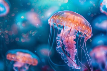 colorful jellyfish close macro photography background, dark sea, with blurred jellyfishes in background , sea life