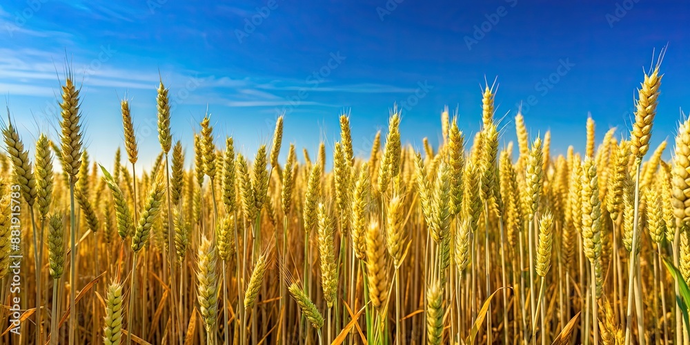 Sticker Wheat beans growing in a field under a clear blue sky, agriculture, farm, crops, growth, agriculture, food, sustainability