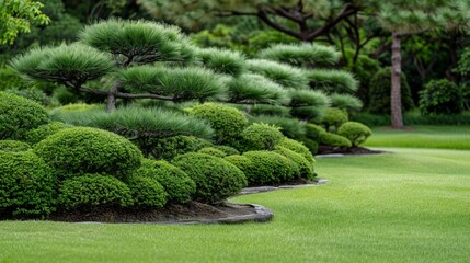 Naklejka premium Beautiful Japanese garden with meticulously pruned trees and lush green lawn, evokes peace and tranquility in nature.