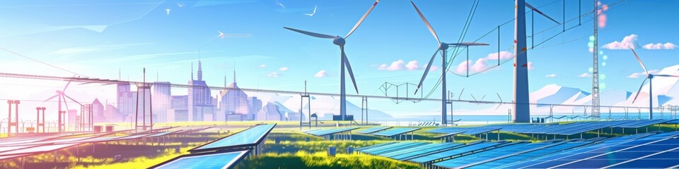 Fototapeta premium Modern Power Grid Harnessing Renewable Resources, Showcasing the Rise of Green Energy Production with Wind Turbines and Solar Panels on World Environment Day.